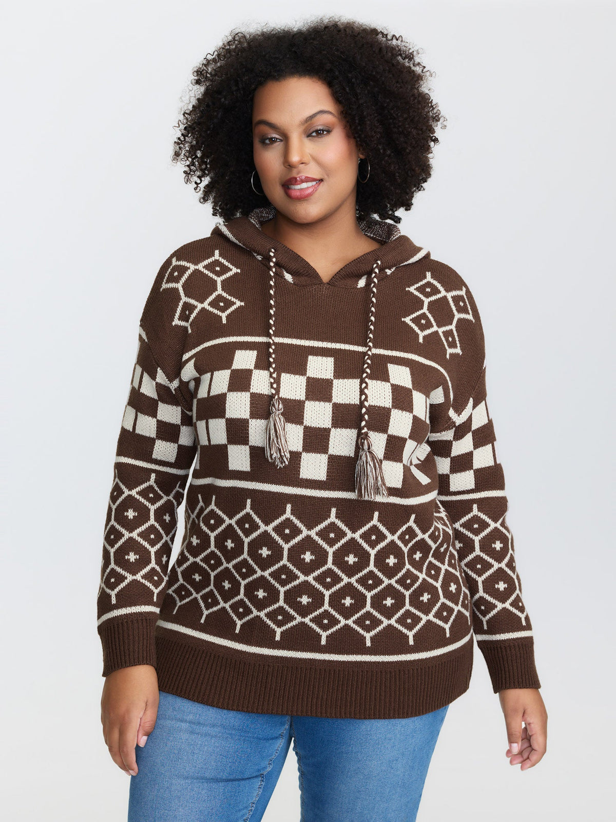 Geometric Pattern Jacquard Drawstring Hoodie