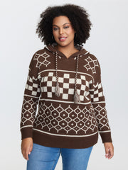 Geometric Pattern Jacquard Drawstring Hoodie