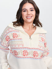 Rose Fair-Isle Pattern Jacquard Zipper Pullover