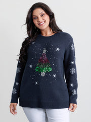 Stretchy Holiday Tree Sequin Embroidery Pullover