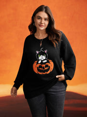 Embroidered Cat In Pumpkin Crew Neck Pullover