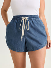 Elastic Waist Drawstring Straight-Fit Denim Shorts