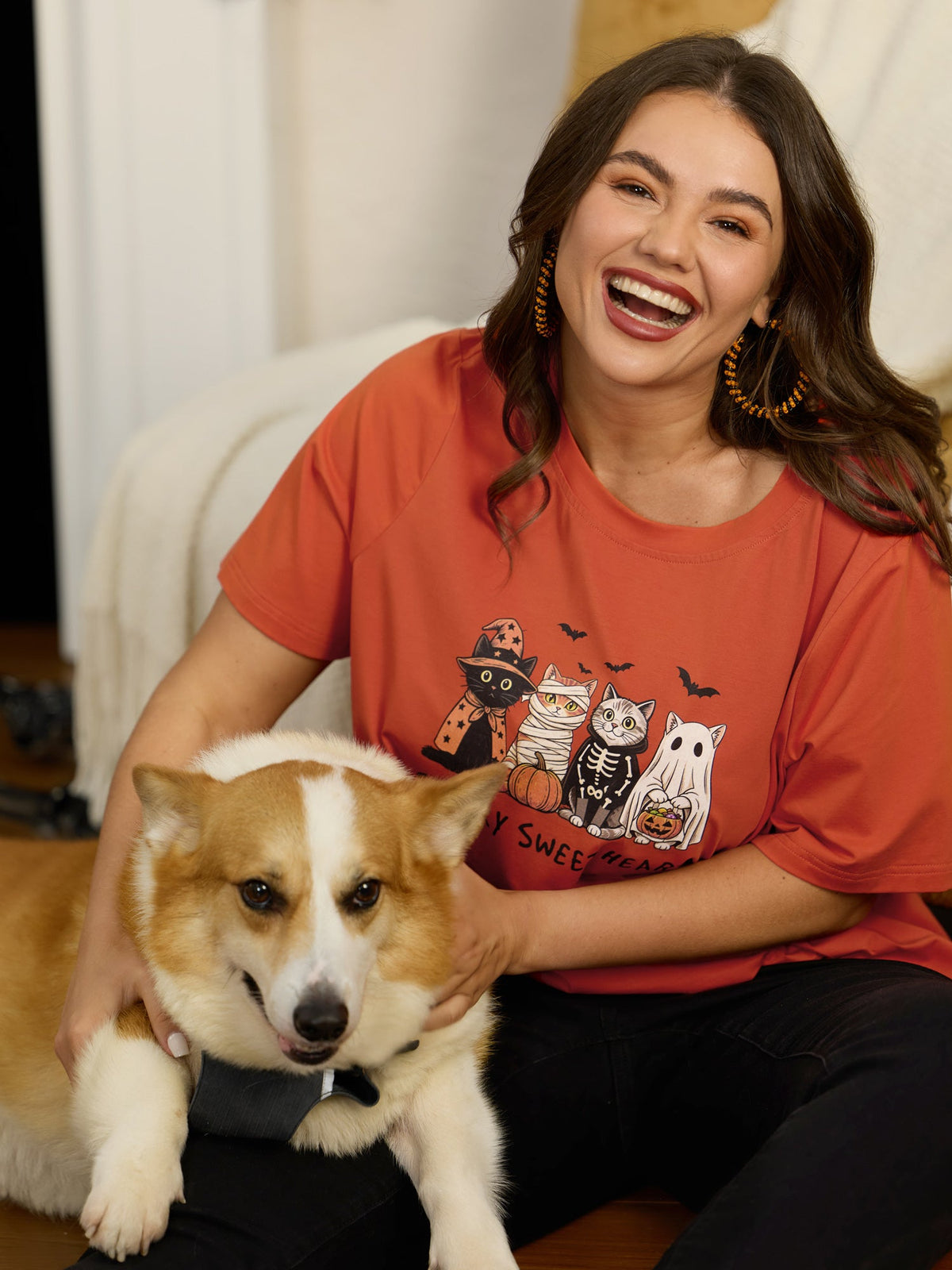 Cute Mummy Ghost Skeleton Cat Print Casual T‑Shirt