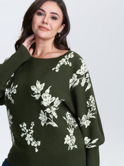 Floral Pattern Jacquard Dolman Sleeve Pullover