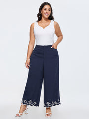 Floral Embroidered Scalloped Hem Pants