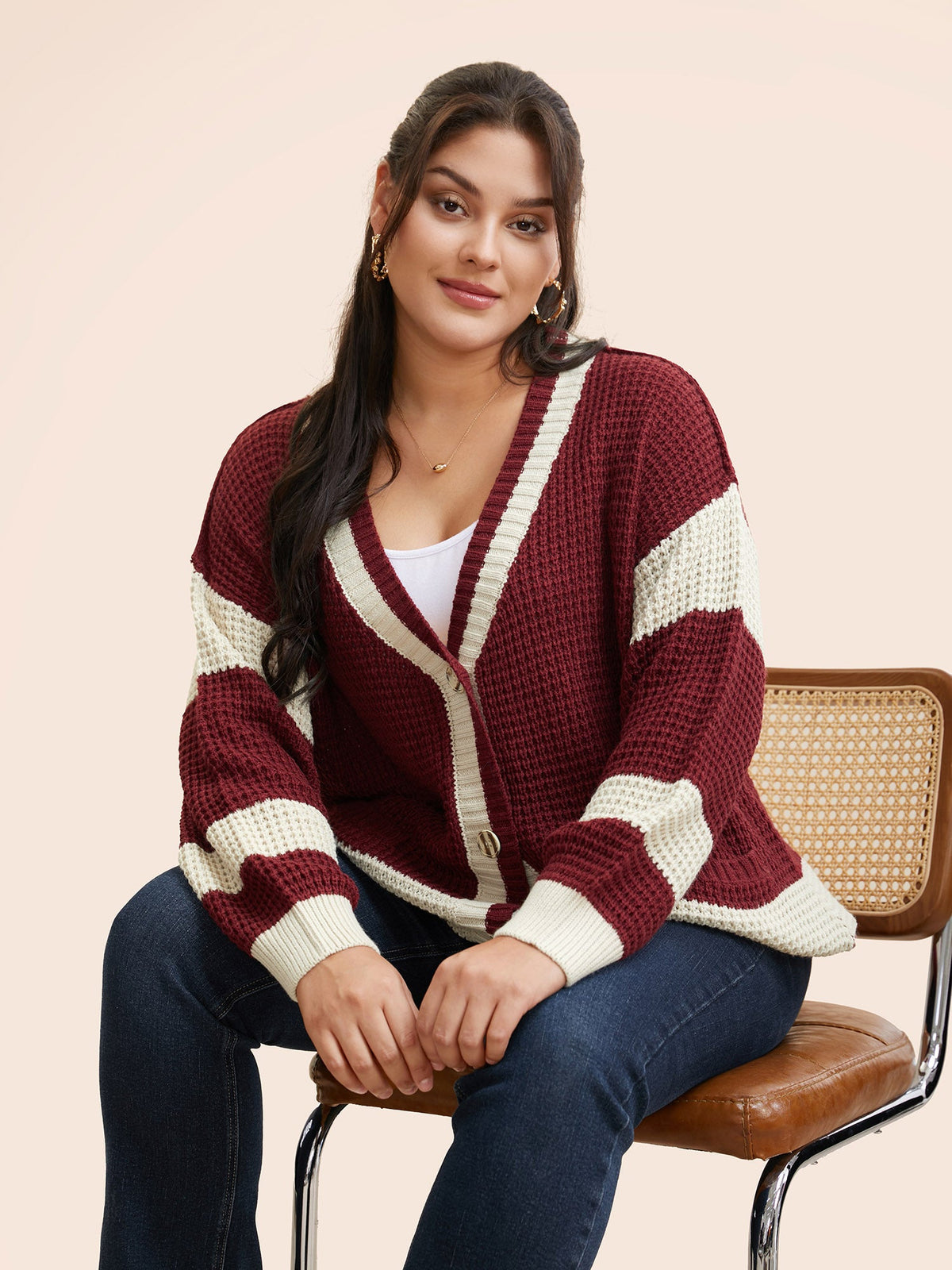 Colorblock Contrast Textured Patched Pocket Cardigan
