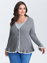 Textured Color Contrast Ruffled Hem Knit Cardigan
