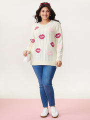 Rosy Lips Embroidery Braided Texture Pullover