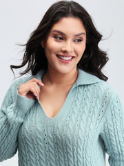 Textured Polo Collar Cable Knit Pullover