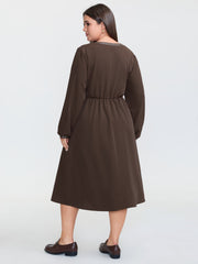 Plain Cinched-Waist Pockets Midi Dress