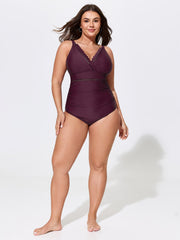 Wave Lace Trim Waist Ruched One Piece Swimsuit