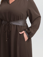 Plain Cinched-Waist Pockets Midi Dress