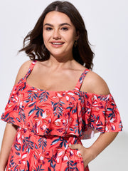 Floral Ruffle Trim Off Shoulder Pockets Swim Dress