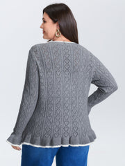 Textured Color Contrast Ruffled Hem Knit Cardigan
