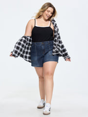 Stretchy Medium Wash Rubber Waist Denim Shorts