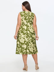 Tropical Print Cinched-Waist Sleeveless Mini Dress