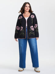 Floral Pattern Jacquard Wavy Edge Knit Cardigan