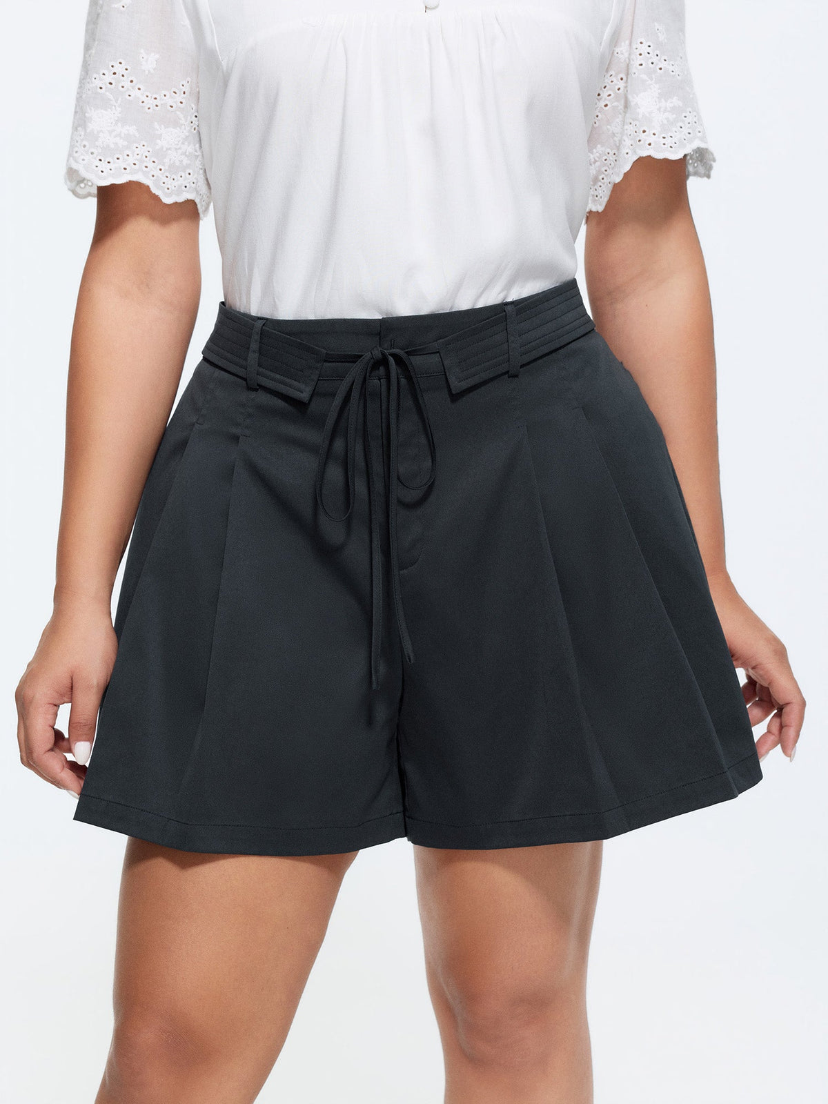 Plain Folded Waist Tie Pleated Pants