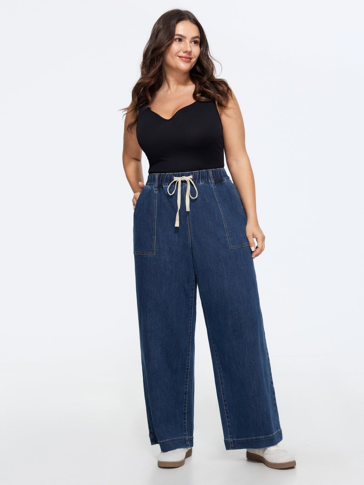Stretchy Pull-On Wide-Leg Jeans