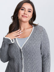 Textured Color Contrast Ruffled Hem Knit Cardigan