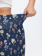 Stretchy Floral Print Drawstring Cuff Pants