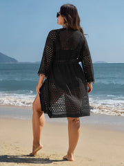 Cut-Out Textured Drawstring Straps Swim Cover-Up