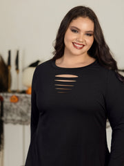 Stretchy Crew Neck Cut‑Out Detail Long Sleeve Top