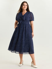 Pretty Polka Dots Ribbon Neckline Midi Dress