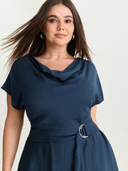 Draped Cowl Neckline Plain Midi Dress