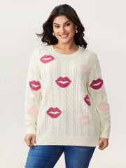 Rosy Lips Embroidery Braided Texture Pullover