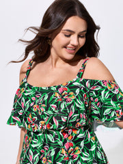 Floral Ruffle Trim Off Shoulder Pockets Swim Dress