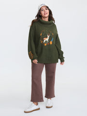 Turtleneck Deer Embroidery Knit Pullover