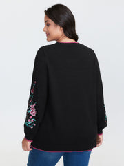 Embroidered Sleeve Contrast Trim Pullover