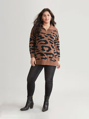 Leopard Graphic Half Zip Polo Knit Pullover