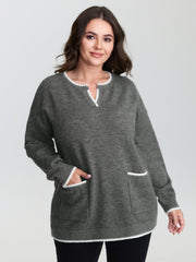 Color Contrast Patch Pockets Split Neckline Pullover