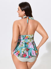 Floral Print Halter Neckline Swim Top