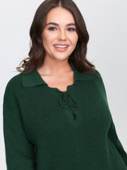 Textured Cross Neck-Tie Ribbed Hem Pullover