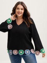 Crochet Floral Hem V-Neck Pullover