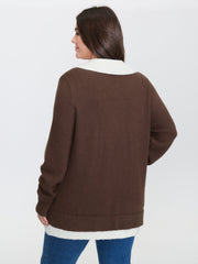 Color Contrast Collar Ribbed Hem Pullover