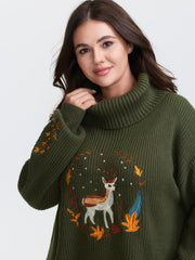 Turtleneck Deer Embroidery Knit Pullover