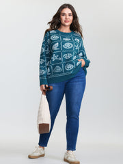 Ocean Pattern Jacquard Ribbed Hem Pullover