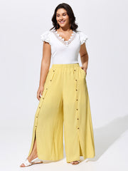 Linen Blend Button Detail Hem Split Sheer Pants
