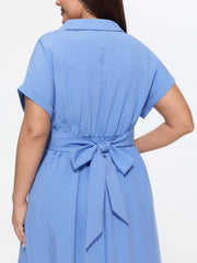 Collared Knotted Front Button Detail Midi Dress