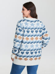 Ocean Pattern Jacquard Ribbed Hem Pullover