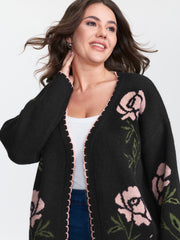 Floral Pattern Jacquard Wavy Edge Knit Cardigan