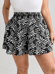 Floral Print Shirred Waist Textured Shorts