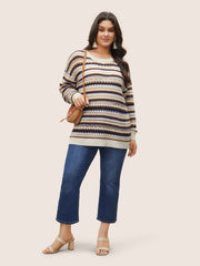 Striped Contrast Drop Shoulder Hollow Out Pullover