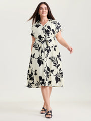 Monochrome Floral Print Collared Midi Dress