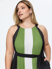 Colorblock Halter Neckline Waist-Tie Midi Dress