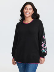 Embroidered Sleeve Contrast Trim Pullover